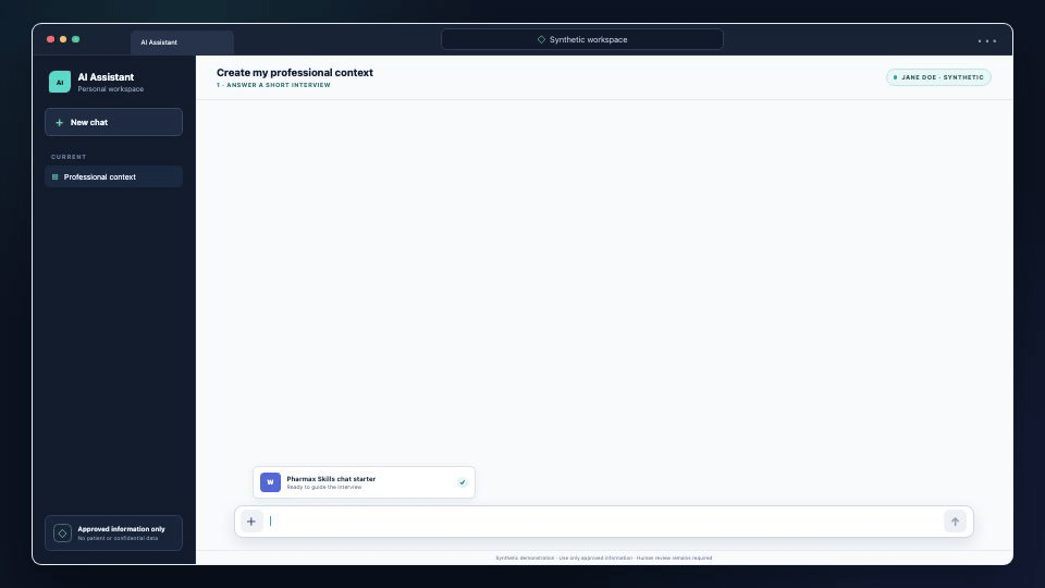 Synthetic demonstration showing a fictional user attaching a chat paste block, answering a short interview, and receiving a reusable professional work-context file.